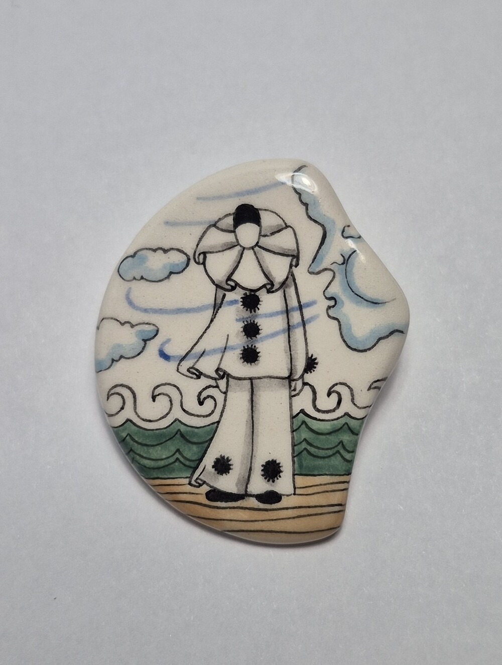 Vtg Signed Hand Painted Porcelain Ceramic Pierrot Clown Brooch Pin Wearable Art